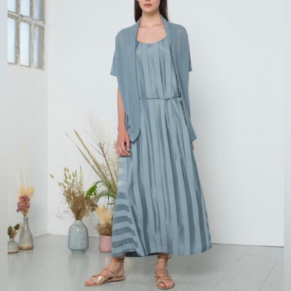 NWT Sita Murt teal blue mixed stripe Sleeveless maxi  dress waist tie size ~LG - Picture 2 of 16